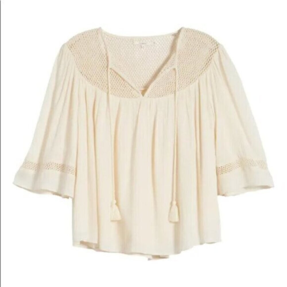 Tularosa Revolve Huxley Top Cream Tassels ties Gauze Crochet Flutter Sleeve - Picture 6 of 15